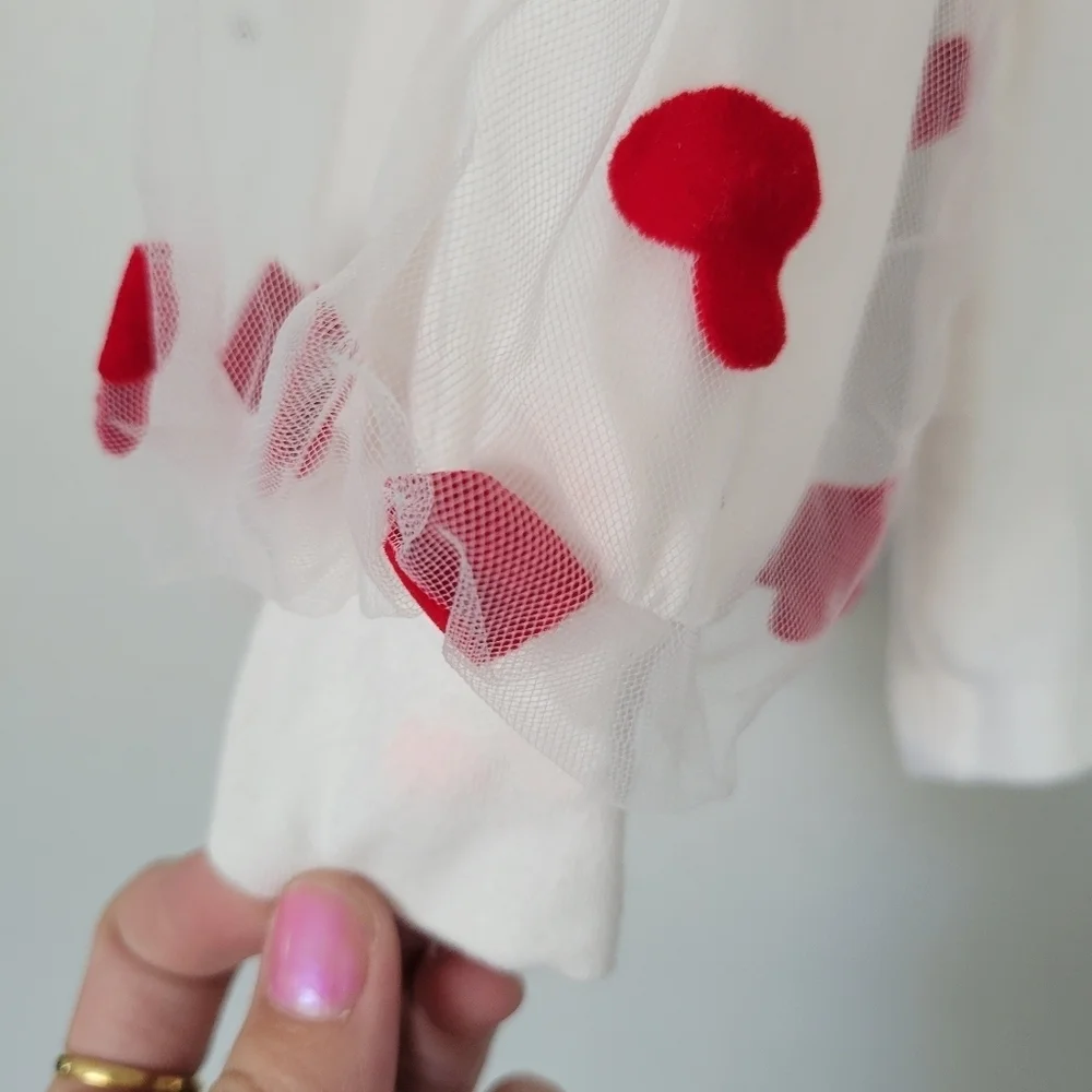 Little Girls White Long Sleeve Shirt Red Heart Velvet Pearl's Tulle Statement 3T